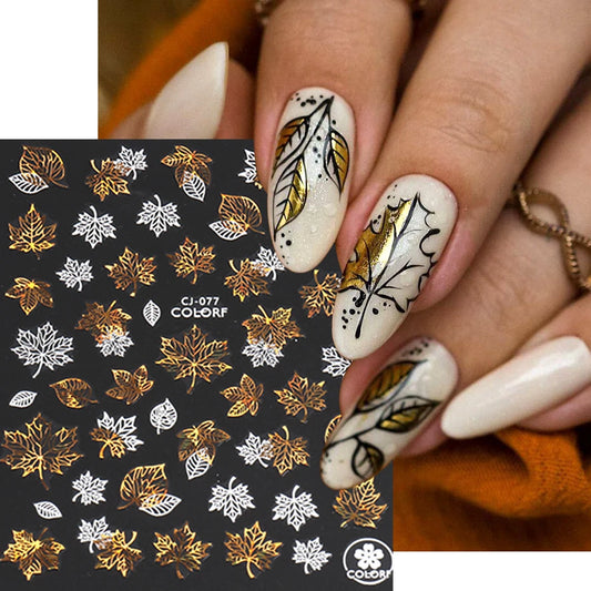 3D Autumn Maple Leaf Nail Stickers White Gold Feather Letter Squirrel Holographic Sliders Anime Design Manicure Decoration JICJ