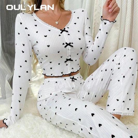 Elegant White Ribbed Print Pants Sets Pajamas Women Knitted V-Neck Loose Tops Autumn Elastic Long Pants Sleepwears Vintage