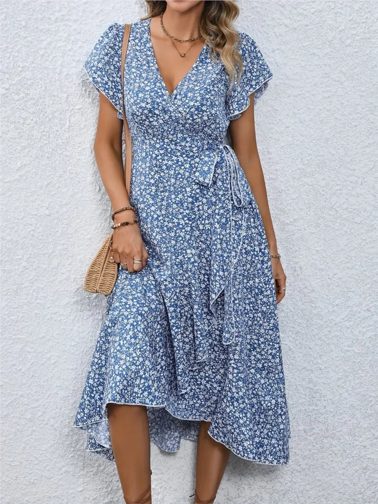 Summer Women's Flower Flowy Split Midi Dress Fashion V Neck Short Sleeve Irregular Dresses Boho Beach Holiday Sundress Robe