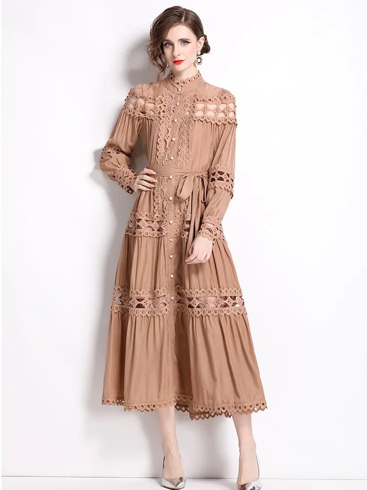 Summer Autumn Elegant Embroidery Cotton Dresses Women's Long Lantern Sleeve Single Breasted Lace Up Party Muslim Dresses Shirt