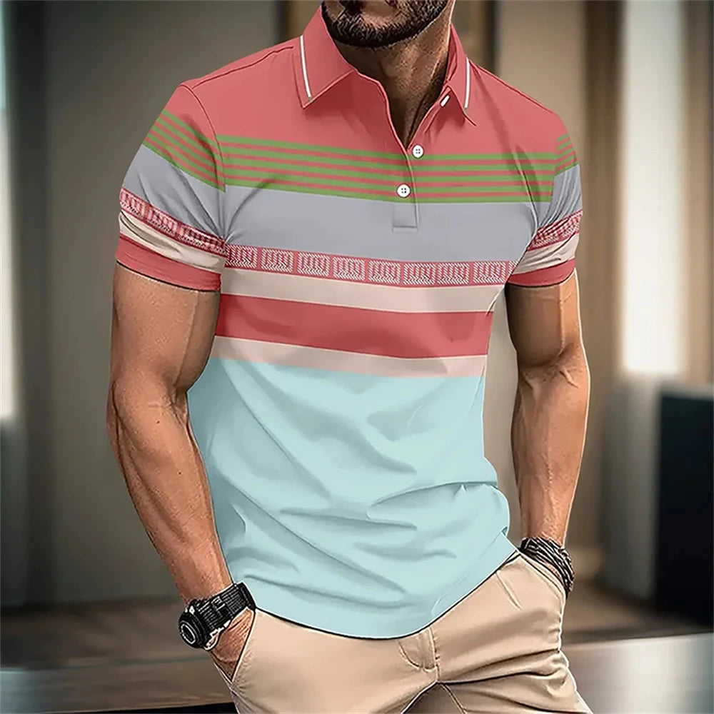 2024 New Men's Minimalist Striped Summer Short Sleeved Lapel 3D Digital Printed Polo Shirt for Men's Business and Leisure Tops