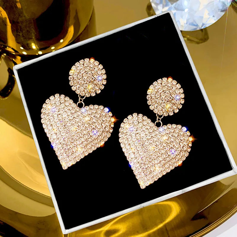 LATS New Heart Earrings Women's Luxurious Geometric Full Rhinestone Earrings Korean Gold Color Love 2020 Fashion Jewelry