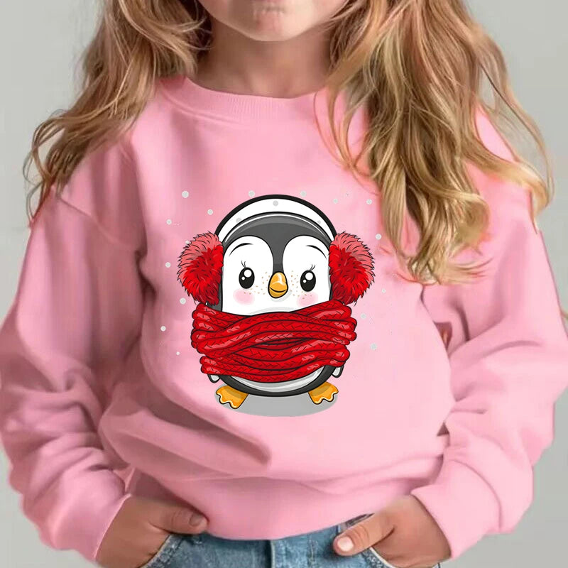 Autumn Winter Children's Christmas Sweatshirts Funny Cartoon Penguin Hot Stamped Pullover Long Sleeve Xmas Gift Boy Girl Hoodies