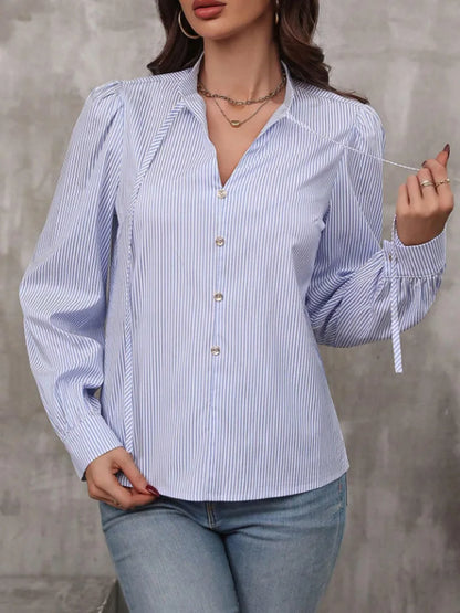 Women V-Neck Button Down Long Sleeve Top Solid Color Striped Shirt Office Lady Work Clothes