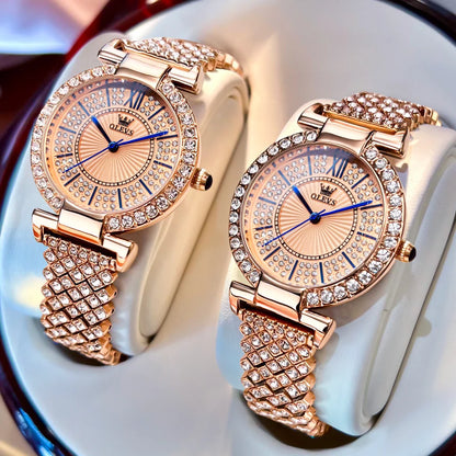 OLEVS Original Full Diamond Luxury Quartz Watch for Women Elegant Rose Gold Ladies Dress Wristwatch Stainless Steel Girl's Watch