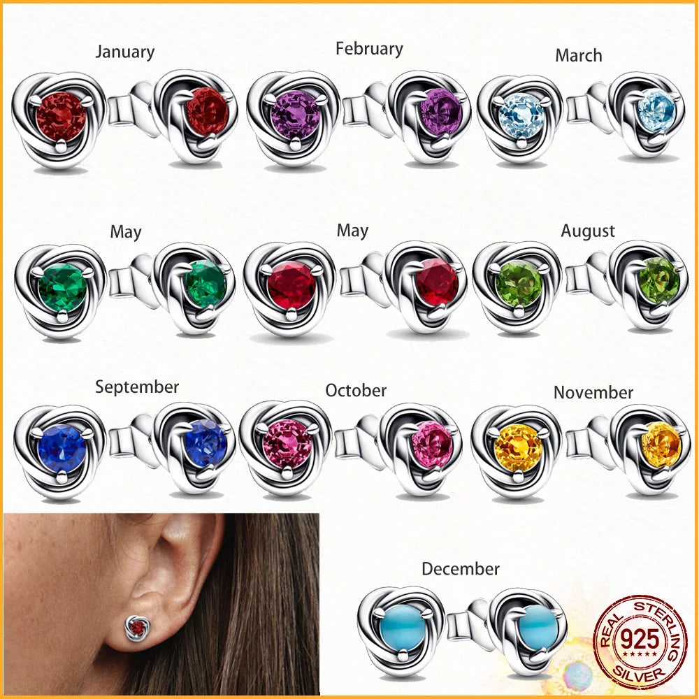 Month Birthstone Eternity Circle Stud Earrings 925 Sterling Silver Earrings Women Birthday Commemorative Jewelry Exquisite Gift