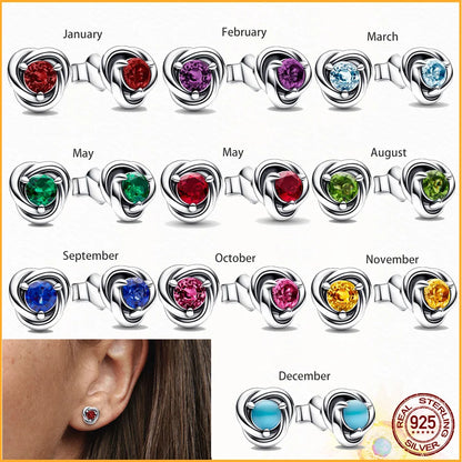 Month Birthstone Eternity Circle Stud Earrings 925 Sterling Silver Earrings Women Birthday Commemorative Jewelry Exquisite Gift