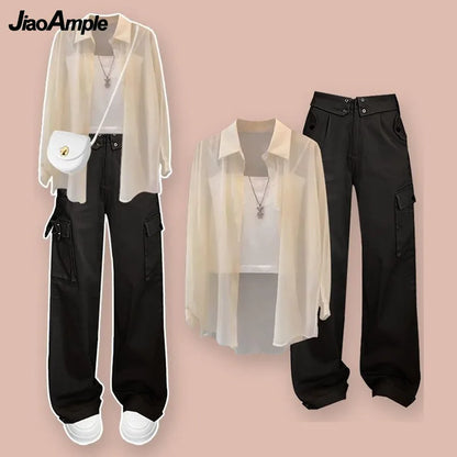 Women Summer New Chiffon Sunscreen Shirt+Strap+Cargo Pants Three Piece Suit Korean Elegant Cardigan+Casual Trousers Matching Set