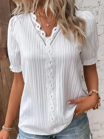 Women's Summer New Top 2024 Solid Sexy V-Neck Hollow Short Sleeve Shirt Fashion Splice Plus Size Blouse Loose Street Apparel