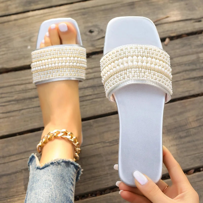 Women Luxury Pearl Slippers 2024 Summer Square Toe Flats Slides Sandals Woman Comfortable Non Slip Beach Flip Flops Big Size 43