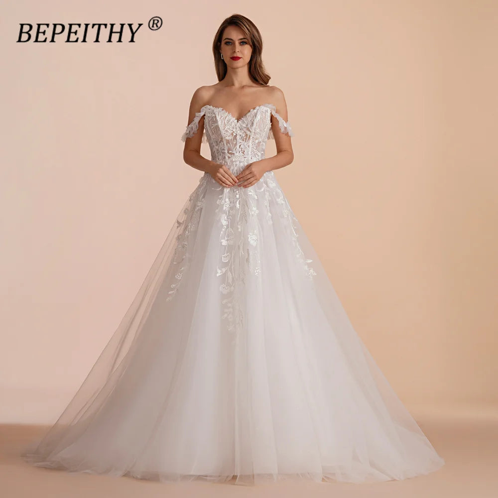 BEPEITHY Customized A Line Sweetheart Bride Wedding Party Dresses 2025 Sleeveless Sweep Off Shoulder Lace Ivory Bridal Gown