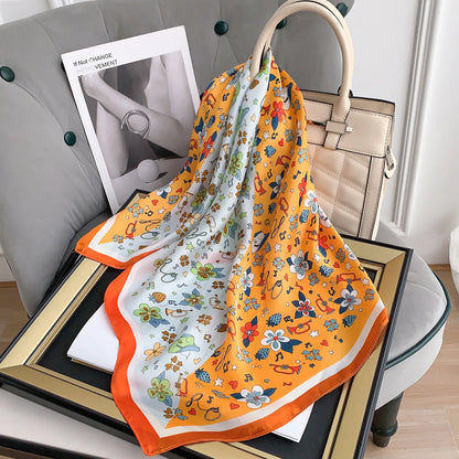 Luxury Floral 70cm Square Scarf for Women Design Satin Silk Neckechief Hair Ribbon Bandana Headband Female Wrist Wrap Shawl 2023