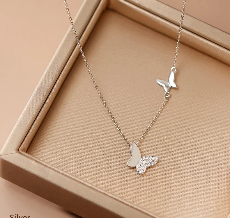 Fashion New 925 Sterling Silver Shiny Flash Diamond Butterfly Double Layer O Chain Necklaces Wedding Party Jewelry for Women