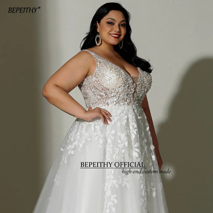 BEPEITHYCustomized Lace Boho Wedding Dress 2022 For Plus Size Women Bride Sleeveless A Line Ivory V Neck White Curve Bridal Gown