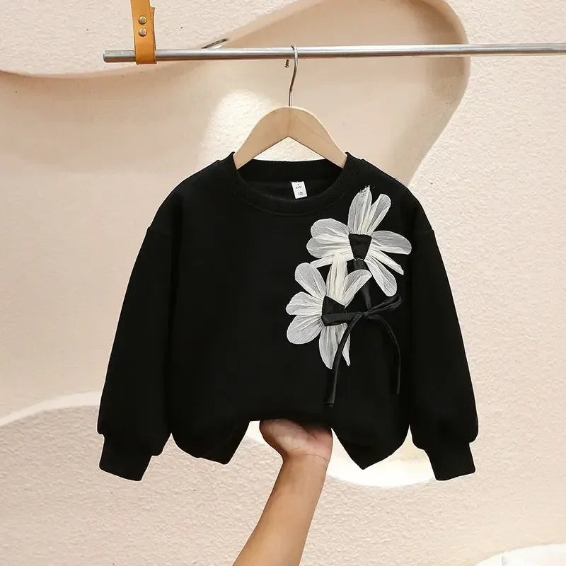 Hoodies Girls Spring Autumn New Flower Round Neck Long Sleeved Cotton Childrens Clothing Sweatshirts Flower Round Collar