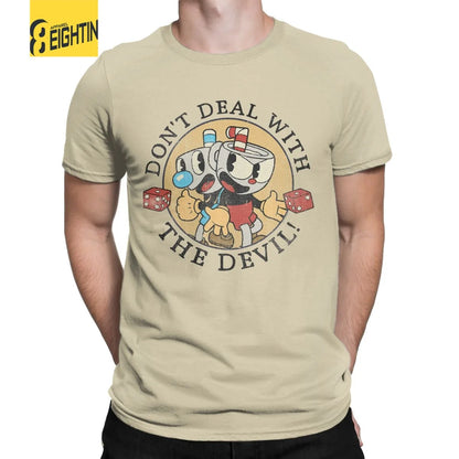 Don't Deal With The Devil Men T Shirt Cuphead Mugman Funny Tee Shirt Short Sleeve Round Neck T-Shirts 100% Cotton Clothes