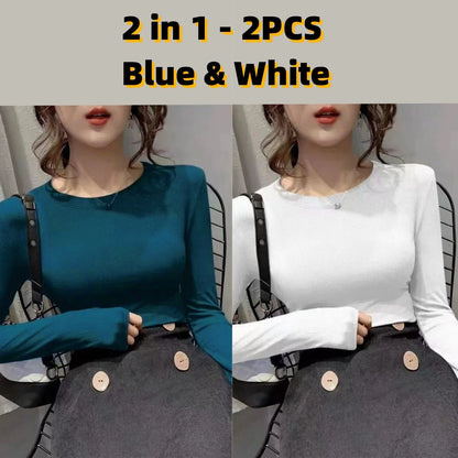 Autumn Office Lady Basic O-Neck Slim T-Shirt Women Solid Multi Color All-Match Trend Casual Top Screw Thread Long Sleeve Elastic