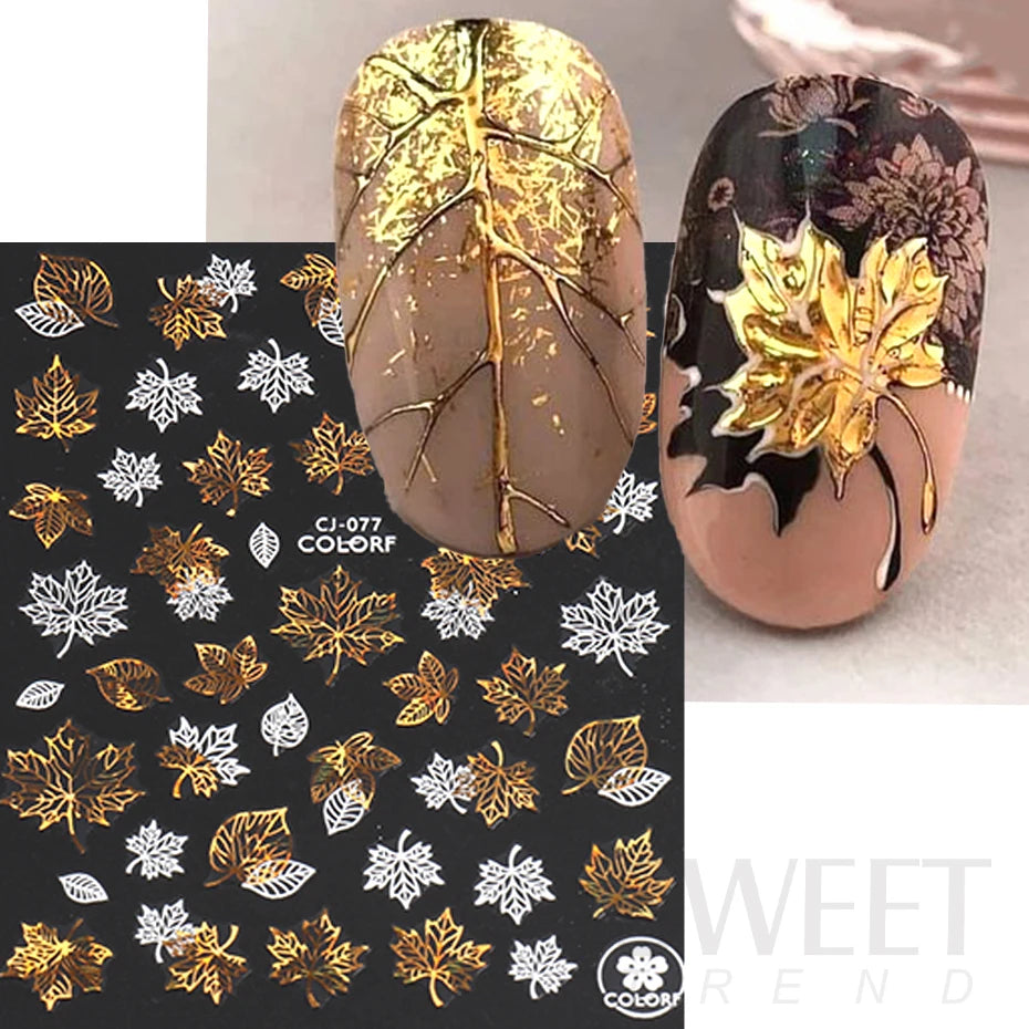 3D Autumn Maple Leaf Nail Stickers White Gold Feather Letter Squirrel Holographic Sliders Anime Design Manicure Decoration JICJ