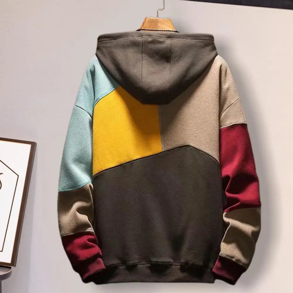 Men Autumn Hoodie Color Matching Thin Fleece Hooded Long Sleeves Oversized Big Pocket Casual Spring Harajuku Hoodie Men Clothing