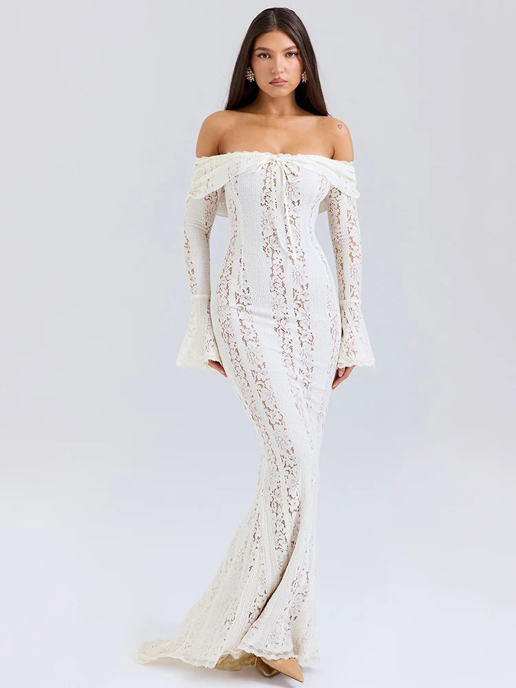 Mozision Floral Lace Off-shoulder Maxi Dress For Women White Strapless Backless Long Sleeve Bodycon Club Party Sexy Long Dress