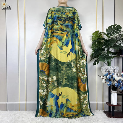 Muslim Abayas For Women 2023 New Fashion Printed Silk Soft Loose Femme Elegant Robe African Maxi Party Dresses With Belt Turban