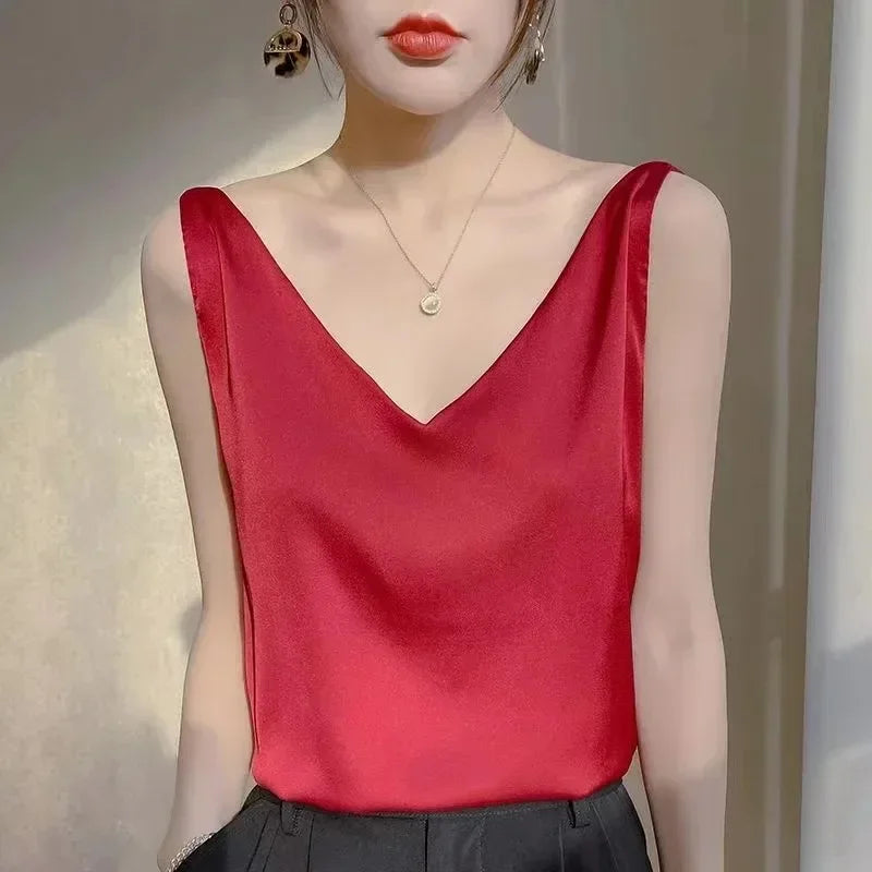 Woman T-shirts Elegant SILK Satin Blouse Sleeveless Female Summer 2024 Casual Loose Tanks and Camis Solid Green Tops for Women