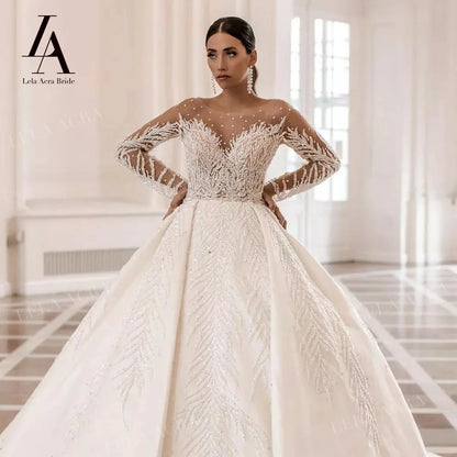 LelaAcra Long Sleeve Wedding Dress 2024 Sweetheart Beaded Backless A-Line Princess Bride Gown SM72 Plus Size Vestido de Noiva