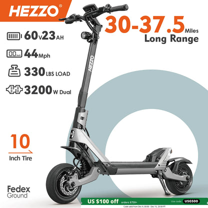 HEZZO F6 Folding Electric Scooter 40MPH 60V 3200W Dual Motors 10 Inch Off-road Escooter 23AH 40 Miles Long Range Full Suspension