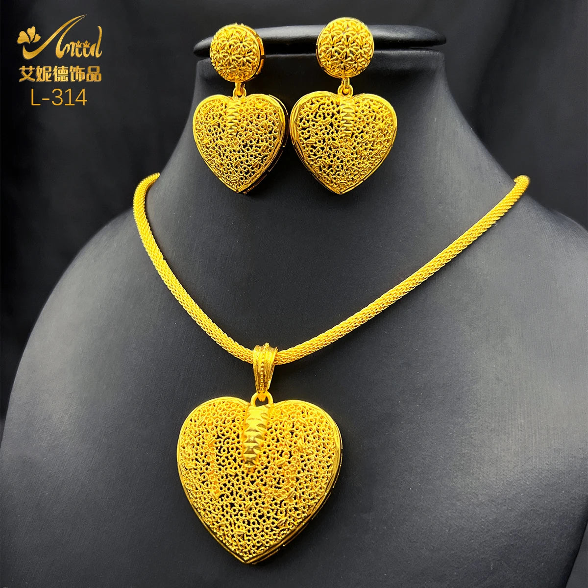 Dubai Indian African Heart Necklace Earrings Jewelry Set For Women 24K Gold Plated Nigeria Bridal Wedding Party Gift Jewellery