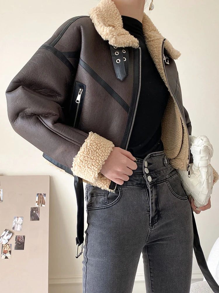 Ailegogo Autumn Winter Women Retro Loose Thick Warm Faux Lamb Fur Coat Streetwear Female Spliced Zipper Belt Jacket Outwear