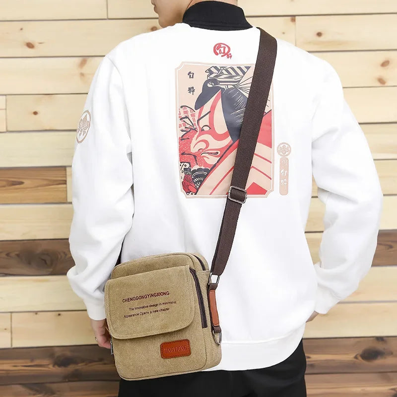 Men's Canvas Shoulder Bag Korean Version Business Simple Casual Canvas Crossbody Bag Small Messenger Bag Flap Pocket Sling Bag