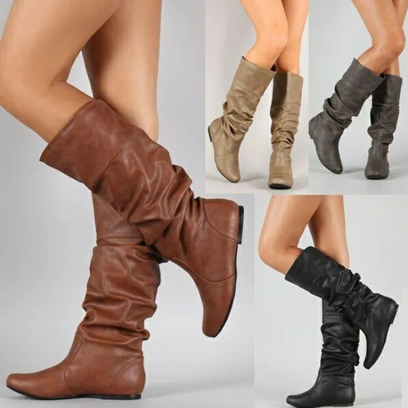 Women's leather small and medium-sized long boots casual set autumn