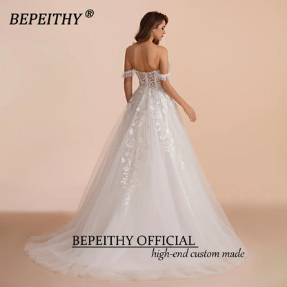 BEPEITHY Customized A Line Sweetheart Bride Wedding Party Dresses 2025 Sleeveless Sweep Off Shoulder Lace Ivory Bridal Gown