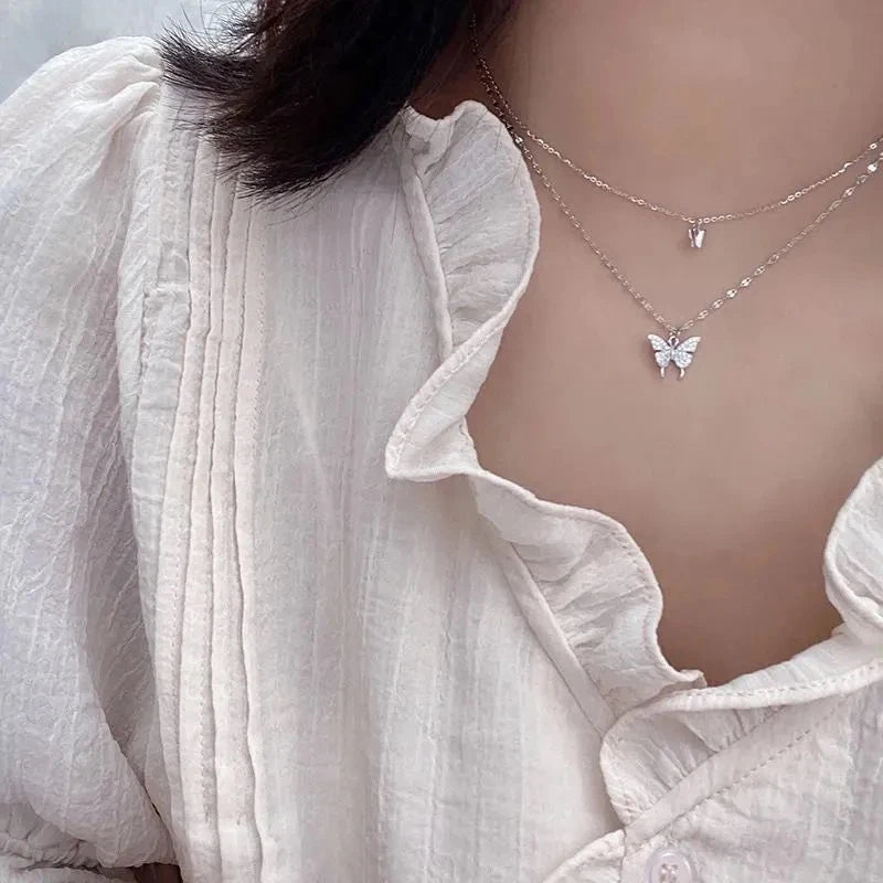 925 Sterling Silver Necklace For Woman Butterfly Necklace Ladies Exquisite Double Layer Clavicle Chain Necklace Jewelry Gift