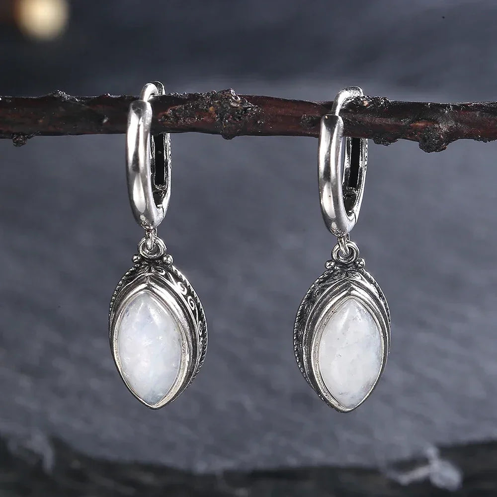 925 Sterling Silver Natural Moonstone 5*10mm Pendant Earrings for Women Vintage Jewelry Gift