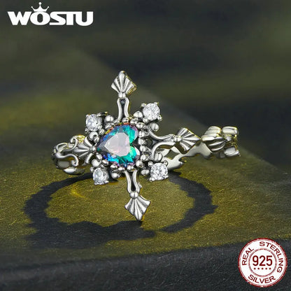 WOSTU 925 Sterling Silver Rainbow Mystic Quartz Cross Open Rings For Women Retro Eternity Faith Ring Party Jewelry Family Gift