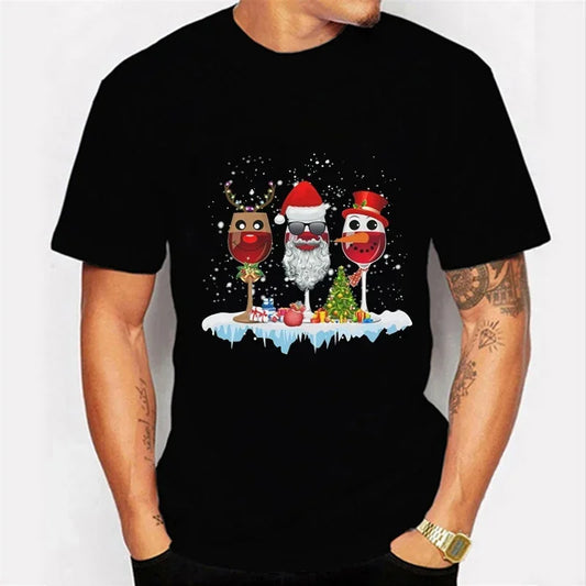 Men T Shirt Luxury Brand Oversized T Shirt Christmas Wine Print T-shirts Short Sleeve Christmas Santa Funny T Shirt Cotton Tops