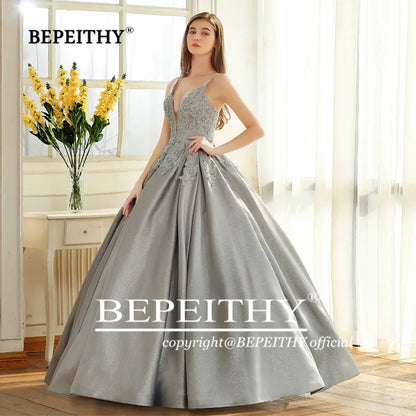 BEPEITHYCustomized Elegant Ball Gown Evening Dress Spaghetti Straps Lace Bodice Glitter Fabric Prom Vestidos De Ocasión Formales