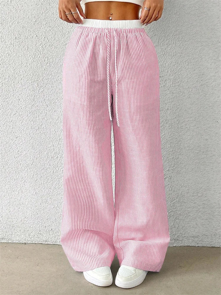 Women's Casual Striped Woven Wide Leg Pants Fall Winter 2024 Casual Stylish Full Length Trousers Y2K Clothes Streetwear