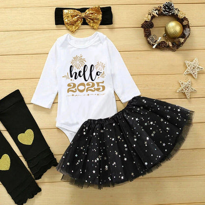 Hello 2025 Printed Baby Girls Bodysuit Tutu Set Happy New Year Girl Long Sleeve Romper Dress Skirt Infant Dresses Outfit 2 Pcs