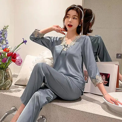 Women Silk Sleepwear Lace Tops Pants Pajama Sets Two Piece Suit Loungewear Sexy V-neck Nightwear Luxury Brand Women Clothing