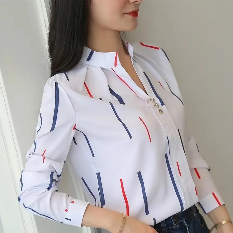 Women White Tops Blouses Fashion Stripe Print Casual Long Sleeve Office Lady OL Shirts Slim Blusas DF4970