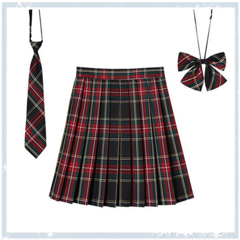 Women Plaid Pleat Skirt With Necktie Bowtie