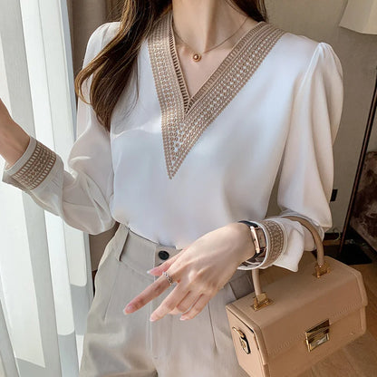 2024 Women Elegant Chiffon Shirts New Fashion White V Neck Casual Loose Long Sleeve Blouses Office Lady Tops Female Blusas 13366