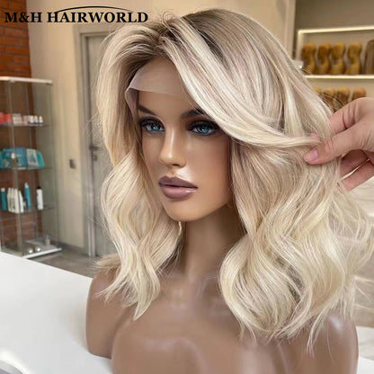 Ombre Ash Blonde Colored Highlights Bob Wig Short Natural Wavy Synthetic Hair Lace Front Wigs 13x3 Frontal Lace Wigs For Women