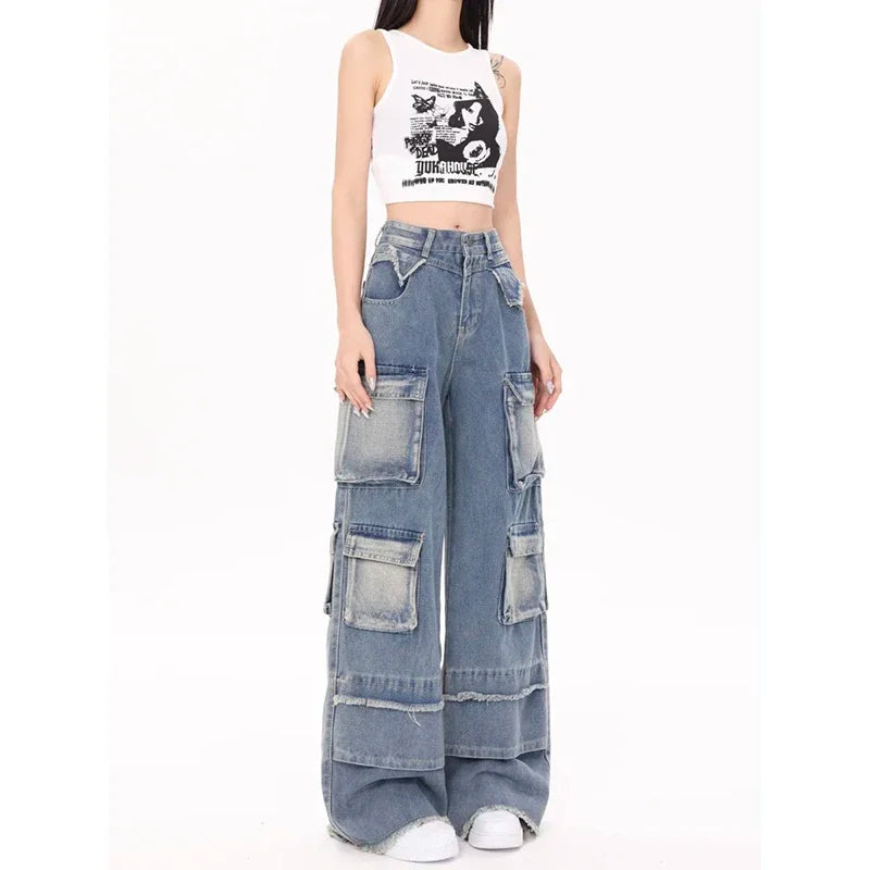 American Retro High Street Three Dimensional Multi Pockets Baggy Jeans Women High Waist Y2K Vintage Wide Leg Pants Pantalones