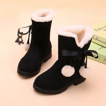 Girls Snow Boots Winter Warm Plush Kids Boots Cute Princess Sweet Bow-knot with Ball Hairball Flock Children Winter Boots 27-38