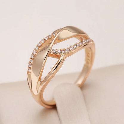 Kinel Trend 585 Rose Gold Color Wave Rings for Women Geometric Hollow Natural Zircon Ring Daily Easy Matching Fine Jewelry