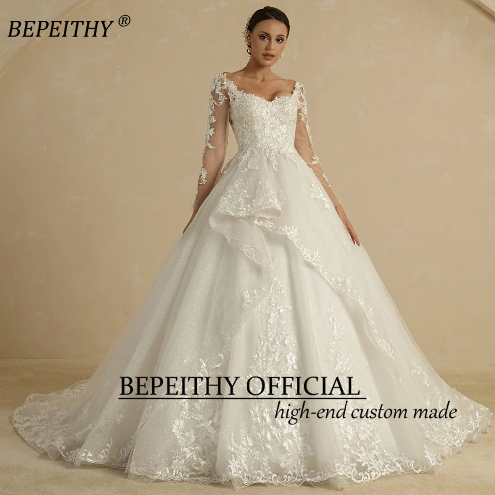 BEPEITHYCustomized Glitter Ball Gown Wedding Dress Full Sleeves For Women Bride 2022 Sweetheart Ruffle Skirt Shinny Bridal Dress