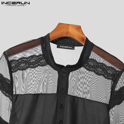 INCERUN Men T Shirt Mesh Patchwork Lace O-neck Short Sleeve Transparent Sexy Camsietas Streetwear Summer 2024 Fashion Tee Tops